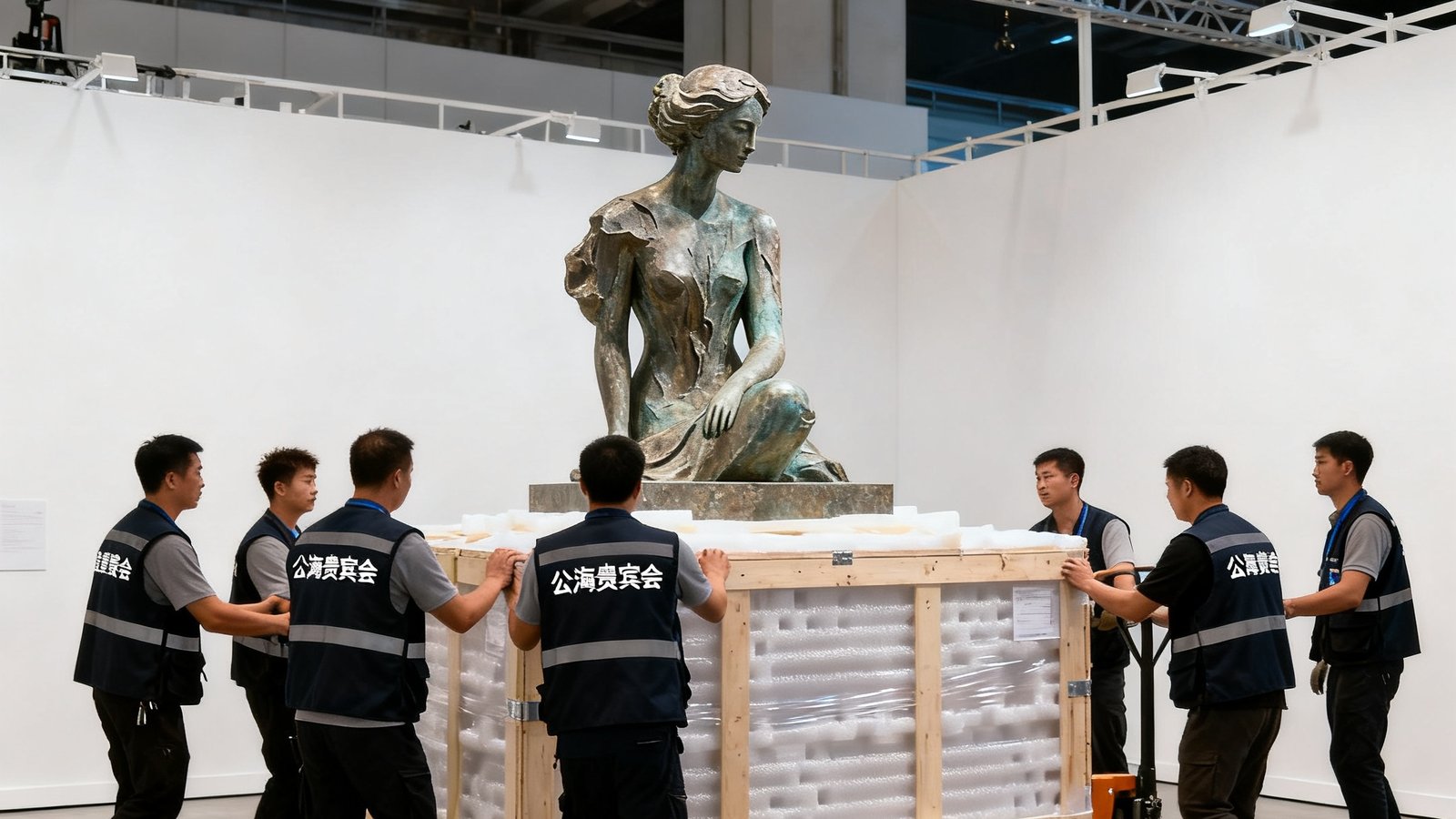 公海贵宾会官网展示的团队工作场景：六名穿着印有公司标识背心的专业物流人员正在巴塞尔艺术展现场，小心搬运一件用定制防震箱包装的大型雕塑艺术品，周围是展会搭建中的白色展墙和灯光设备。