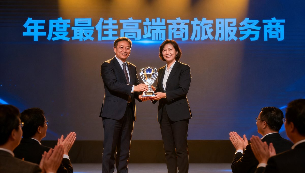 公海贵宾会官网博客配图：颁奖典礼舞台上，公司代表双手接过水晶奖杯，背景大屏幕显示着'年度最佳高端商旅服务商'字样，台下掌声雷动。