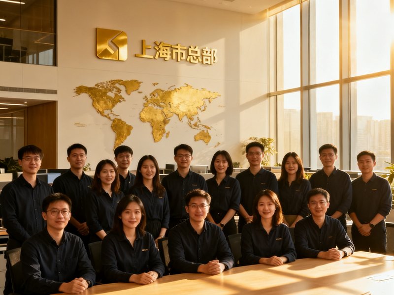 公海贵宾会官网展示的运营管理中心团队：二十余名穿着统一深色商务休闲装的员工在上海总部开放式办公区合影，背景墙上挂有公司金色标识和世界地图，阳光透过落地窗洒在桌面上。